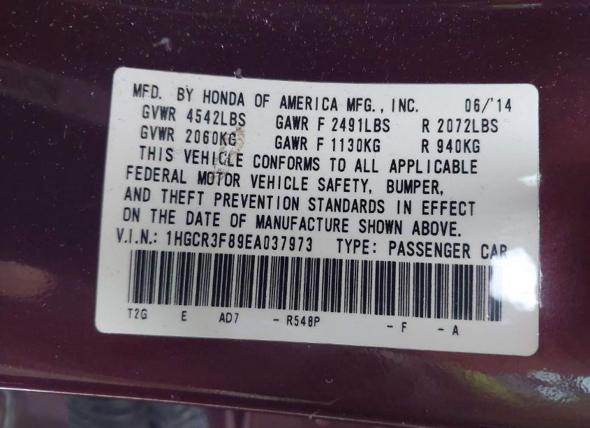 Photo 9 of 2014 Honda Accord EX-L V-6 (VIN 1HGCR3F89EA037973)