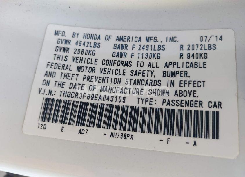 Photo 9 of 2014 Honda Accord EX-L V-6 (VIN 1HGCR3F89EA043109)