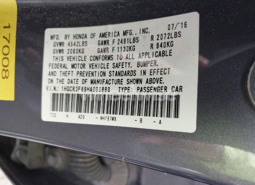 Photo 9 of 2017 Honda Accord EX-L V6 (VIN 1HGCR3F89HA000880)