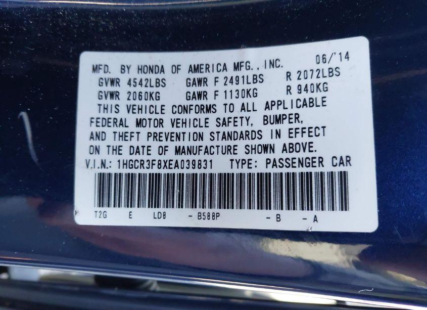 Photo 9 of 2014 Honda Accord EX-L V-6 (VIN 1HGCR3F8XEA039831)