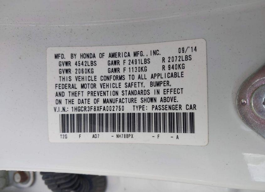 Photo 9 of 2015 Honda Accord EX-L V-6 (VIN 1HGCR3F8XFA002750)