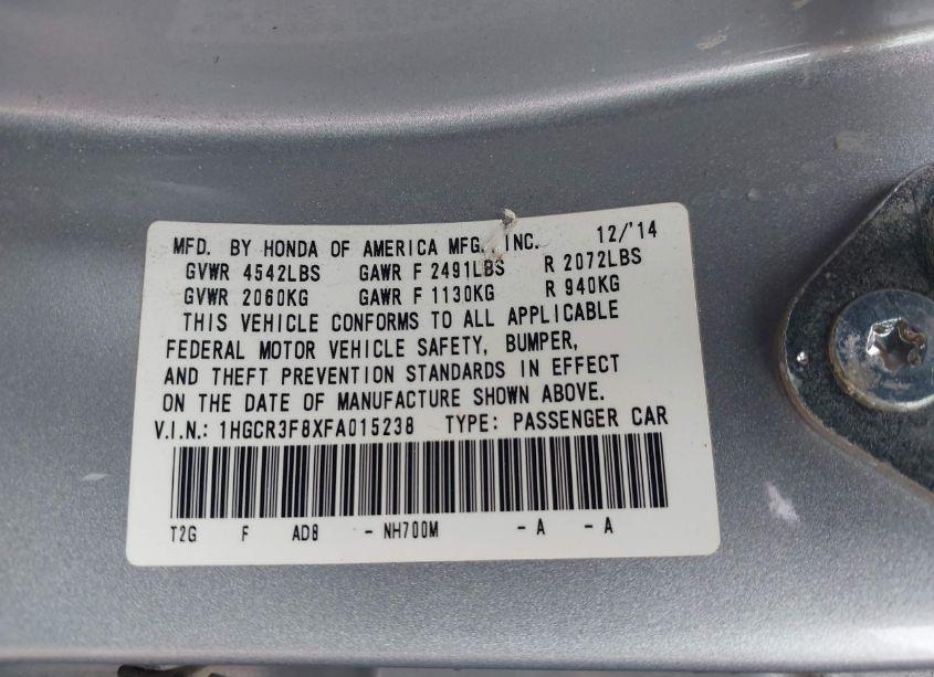 Photo 9 of 2015 Honda Accord EX-L V-6 (VIN 1HGCR3F8XFA015238)