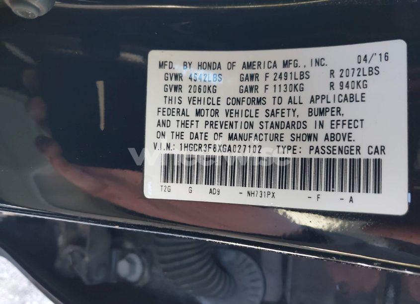 Photo 9 of 2016 Honda Accord EX-L V-6 (VIN 1HGCR3F8XGA027102)