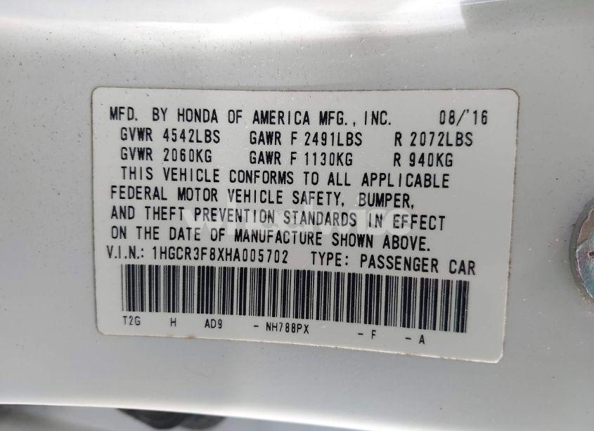 Photo 9 of 2017 Honda Accord EX-L V6 (VIN 1HGCR3F8XHA005702)