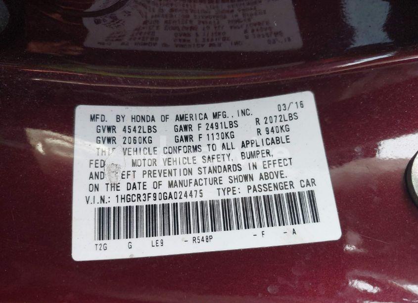 Photo 9 of 2016 Honda Accord TOURING (VIN 1HGCR3F90GA024475)