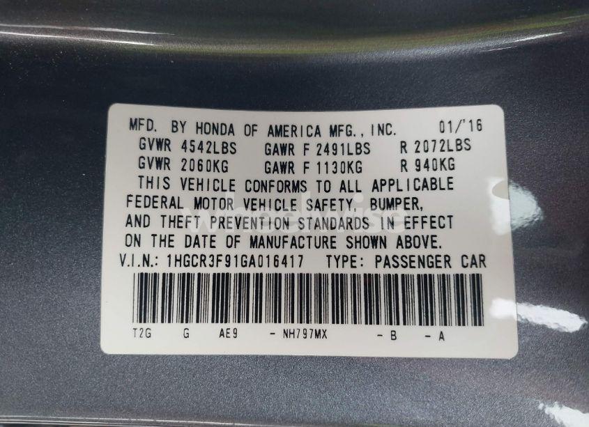 Photo 9 of 2016 Honda Accord TOURING (VIN 1HGCR3F91GA016417)