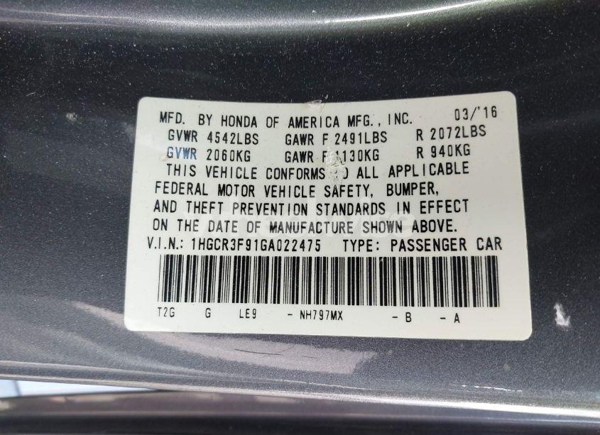 Photo 9 of 2016 Honda Accord TOURING (VIN 1HGCR3F91GA022475)