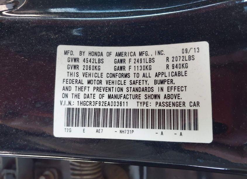 Photo 9 of 2014 Honda Accord TOURING (VIN 1HGCR3F92EA003611)