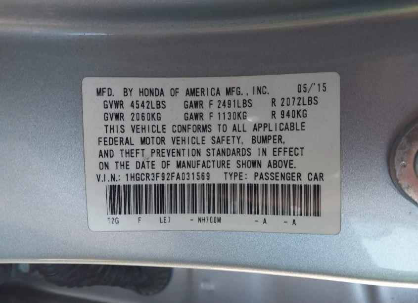 Photo 9 of 2015 Honda Accord TOURING (VIN 1HGCR3F92FA031569)