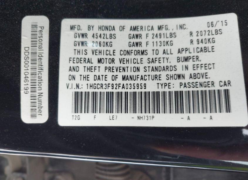 Photo 9 of 2015 Honda Accord TOURING (VIN 1HGCR3F92FA035959)