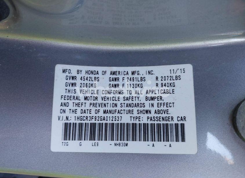 Photo 9 of 2016 Honda Accord TOURING (VIN 1HGCR3F92GA012537)