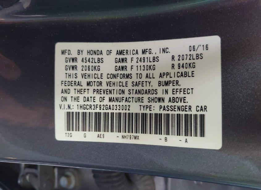 Photo 9 of 2016 Honda Accord TOURING (VIN 1HGCR3F92GA033002)