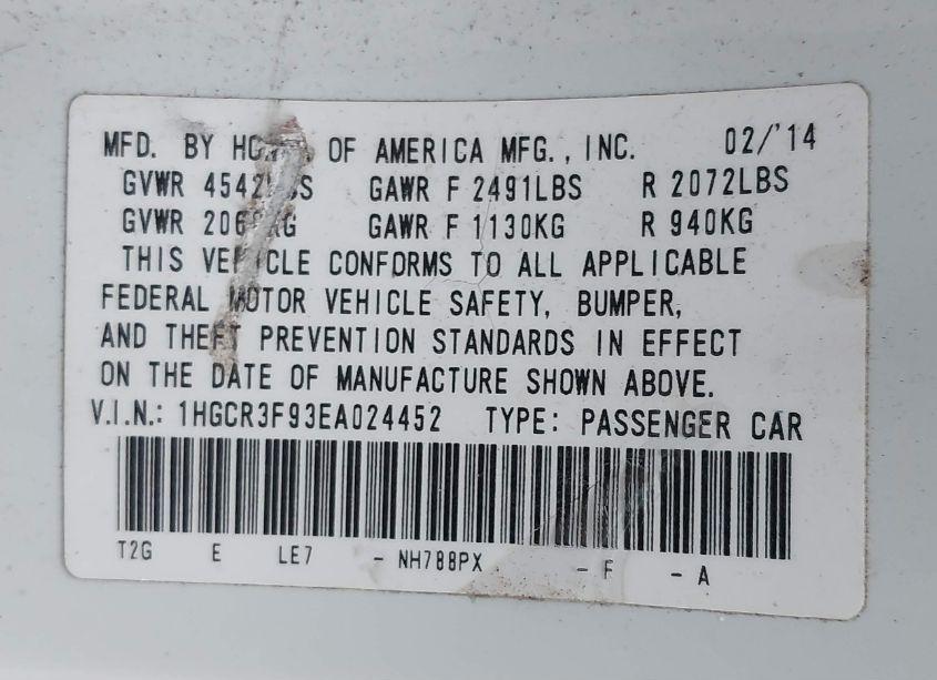 Photo 9 of 2014 Honda Accord TOURING (VIN 1HGCR3F93EA024452)