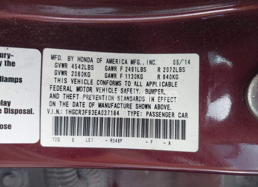 Photo 9 of 2014 Honda Accord TOURING (VIN 1HGCR3F93EA037184)