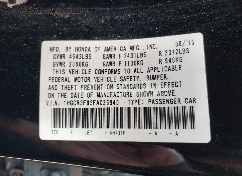 Photo 9 of 2015 Honda Accord TOURING (VIN 1HGCR3F93FA035940)