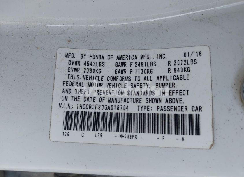 Photo 9 of 2016 Honda Accord TOURING (VIN 1HGCR3F93GA018704)