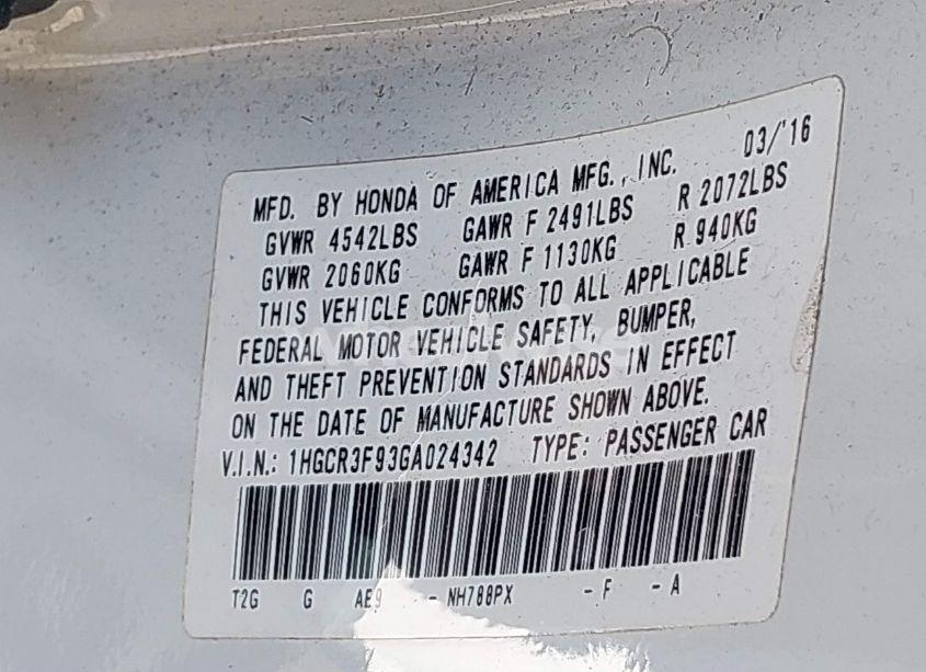 Photo 9 of 2016 Honda Accord TOURING (VIN 1HGCR3F93GA024342)