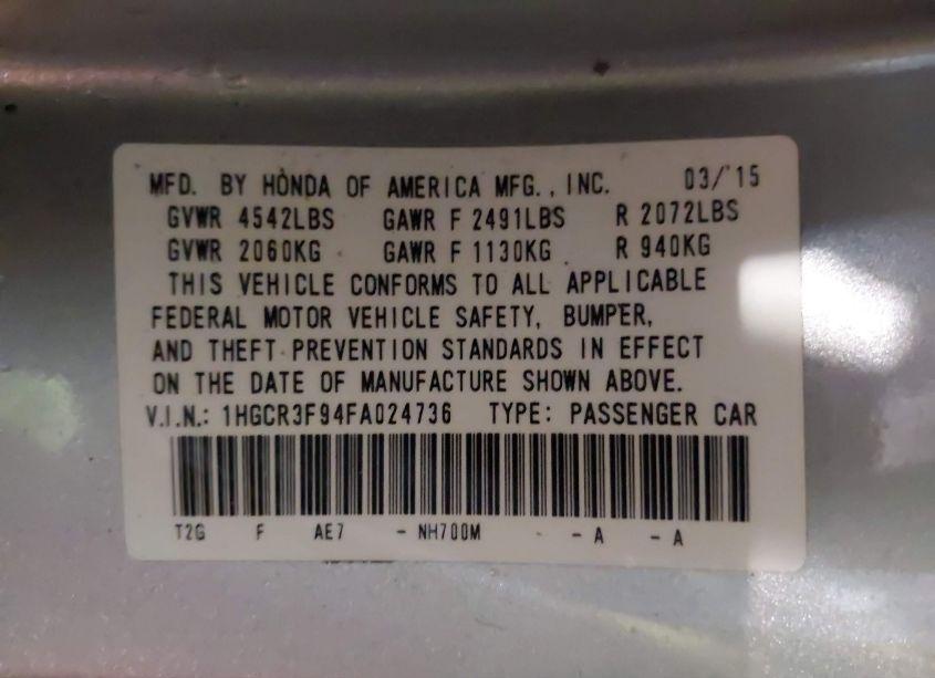 Photo 9 of 2015 Honda Accord TOURING (VIN 1HGCR3F94FA024736)