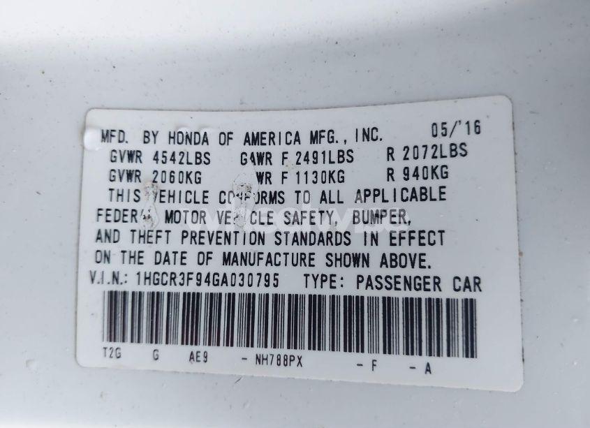 Photo 9 of 2016 Honda Accord TOURING (VIN 1HGCR3F94GA030795)