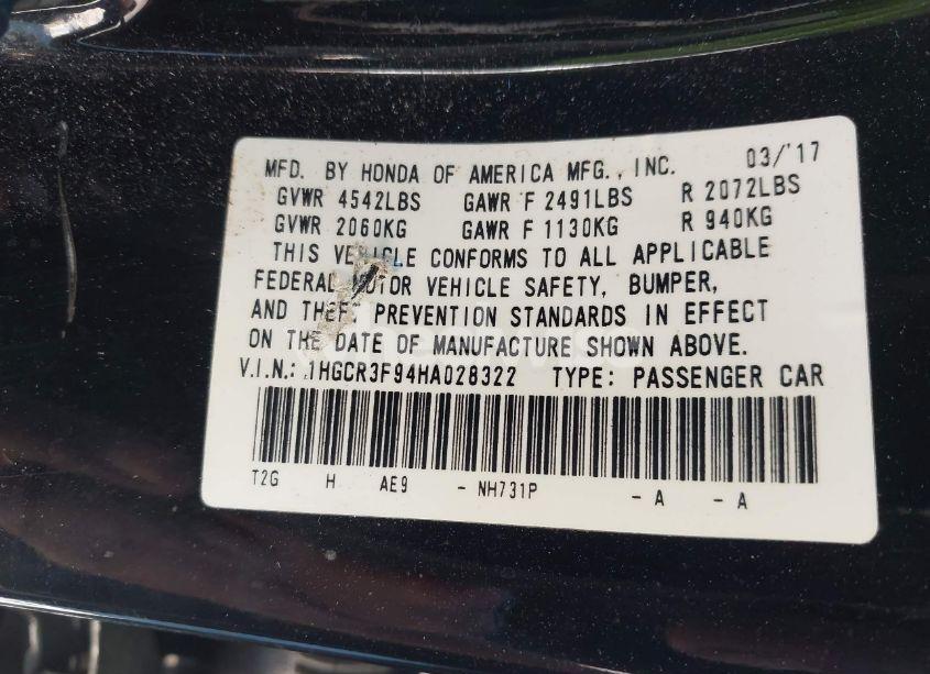 Photo 9 of 2017 Honda Accord TOURING V6 (VIN 1HGCR3F94HA028322)