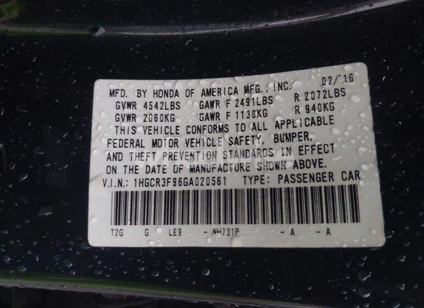 Photo 9 of 2016 Honda Accord TOURING (VIN 1HGCR3F96GA020561)