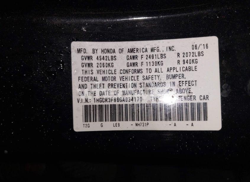 Photo 9 of 2016 Honda Accord TOURING (VIN 1HGCR3F96GA034170)