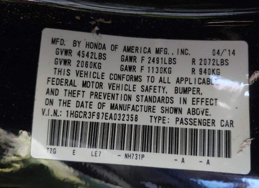 Photo 9 of 2014 Honda Accord TOURING (VIN 1HGCR3F97EA032358)
