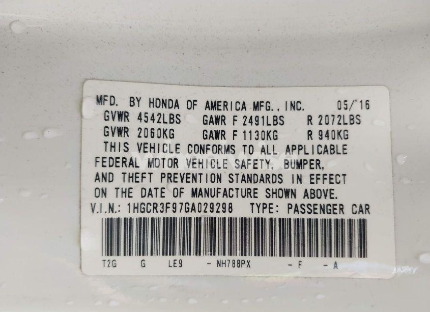 Photo 9 of 2016 Honda Accord TOURING (VIN 1HGCR3F97GA029298)