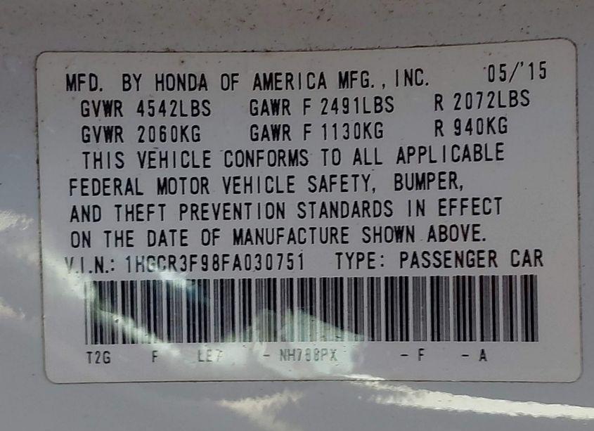 Photo 9 of 2015 Honda Accord TOURING (VIN 1HGCR3F98FA030751)