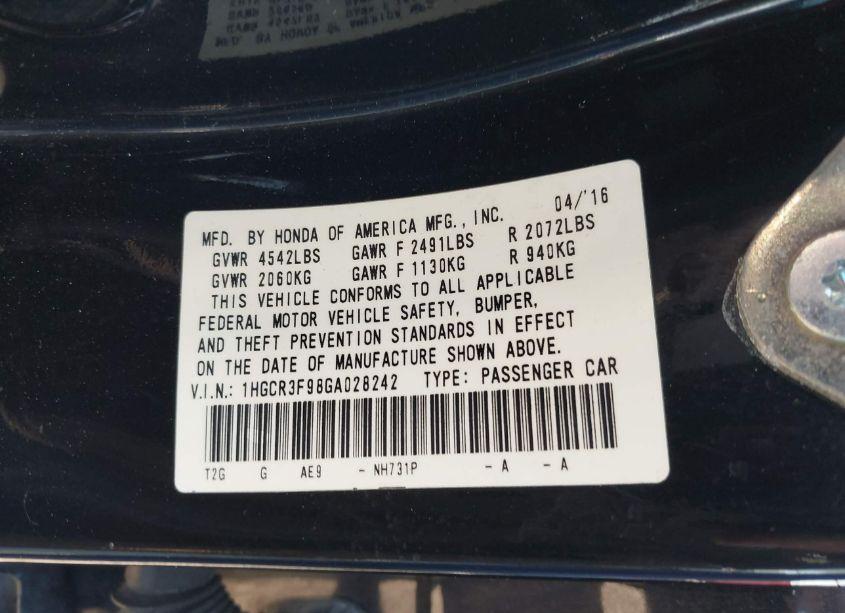 Photo 9 of 2016 Honda Accord TOURING (VIN 1HGCR3F98GA028242)