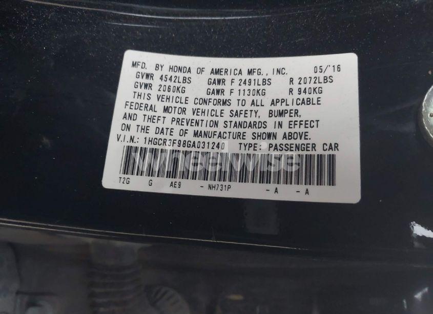 Photo 9 of 2016 Honda Accord TOURING (VIN 1HGCR3F98GA031240)