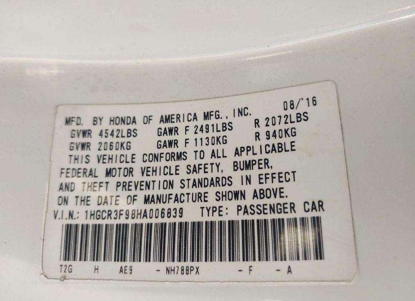 Photo 9 of 2017 Honda Accord TOURING V6 (VIN 1HGCR3F98HA006839)