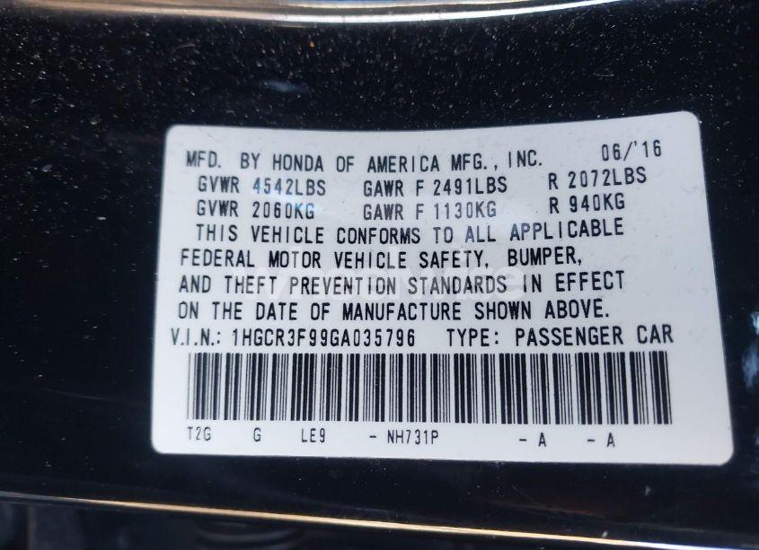 Photo 9 of 2016 Honda Accord TOURING (VIN 1HGCR3F99GA035796)