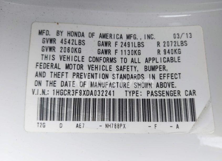 Photo 9 of 2013 Honda Accord TOURING (VIN 1HGCR3F9XDA032241)
