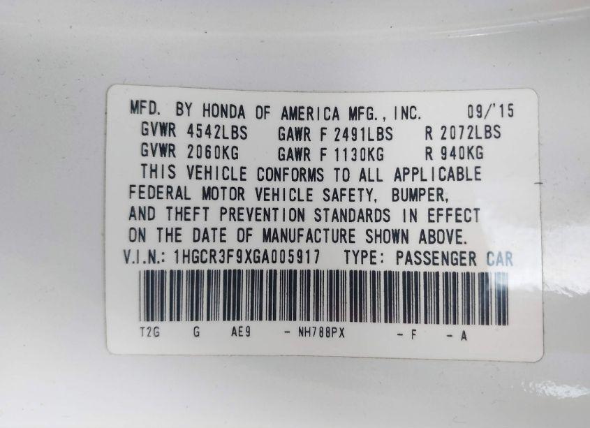 Photo 9 of 2016 Honda Accord TOURING (VIN 1HGCR3F9XGA005917)