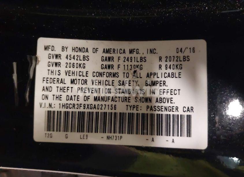 Photo 9 of 2016 Honda Accord TOURING (VIN 1HGCR3F9XGA027156)