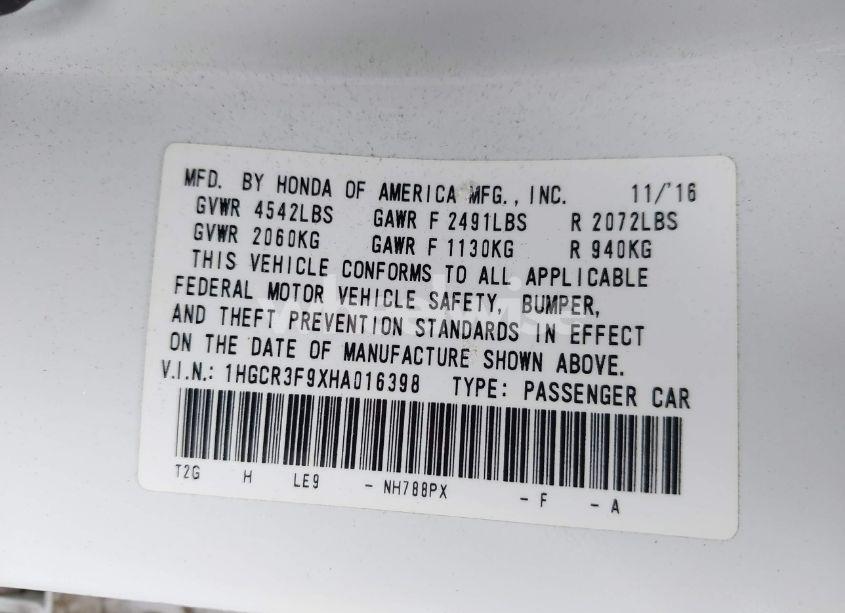 Photo 9 of 2017 Honda Accord TOURING V6 (VIN 1HGCR3F9XHA016398)