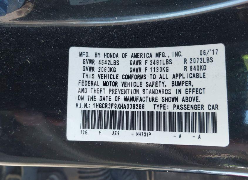 Photo 9 of 2017 Honda Accord TOURING V6 (VIN 1HGCR3F9XHA038286)