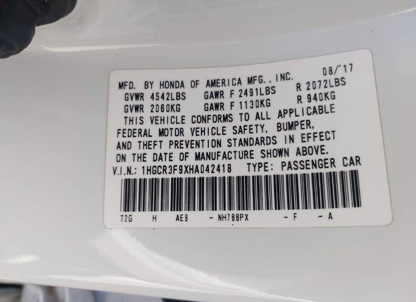 Photo 9 of 2017 Honda Accord TOURING V6 (VIN 1HGCR3F9XHA042418)