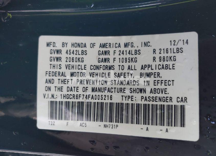 Photo 9 of 2015 Honda Accord HYBRID TOURING (VIN 1HGCR6F74FA005216)