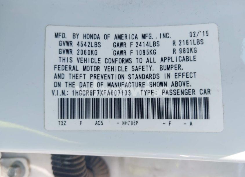 Photo 9 of 2015 Honda Accord HYBRID TOURING (VIN 1HGCR6F7XFA007133)