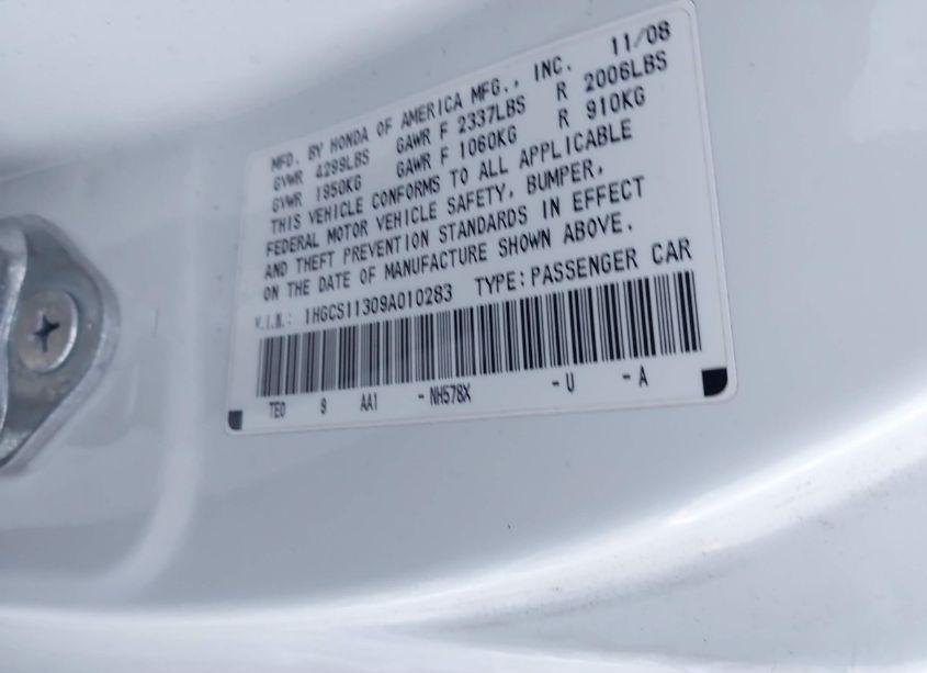 Photo 9 of 2009 Honda Accord 2.4 LX-S (VIN 1HGCS11309A010283)