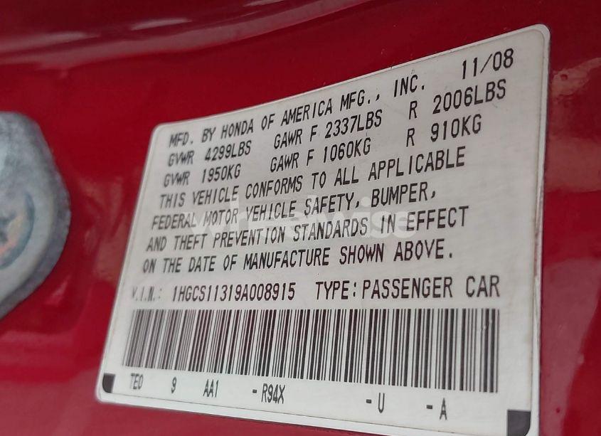 Photo 9 of 2009 Honda Accord CPE LX-S (VIN 1HGCS11319A008915)