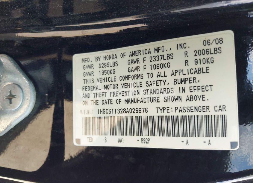 Photo 9 of 2008 Honda Accord 2.4 LX-S (VIN 1HGCS11328A026676)