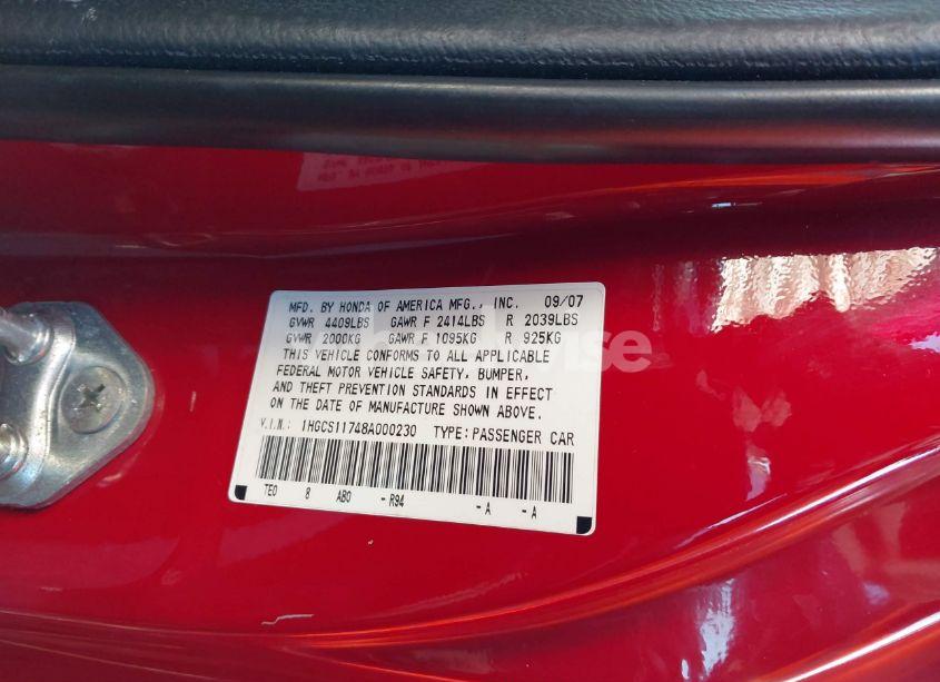 Photo 9 of 2008 Honda Accord 2.4 EX (VIN 1HGCS11748A000230)