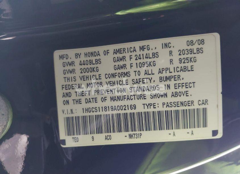 Photo 9 of 2009 Honda Accord 2.4 EX-L (VIN 1HGCS11819A002169)