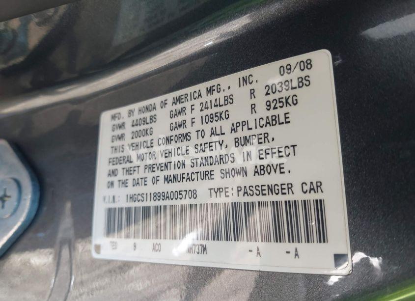 Photo 9 of 2009 Honda Accord 2.4 EX-L (VIN 1HGCS11899A005708)