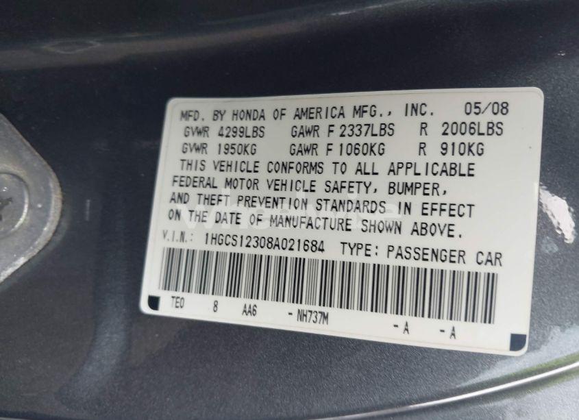 Photo 9 of 2008 Honda Accord 2.4 LX-S (VIN 1HGCS12308A021684)