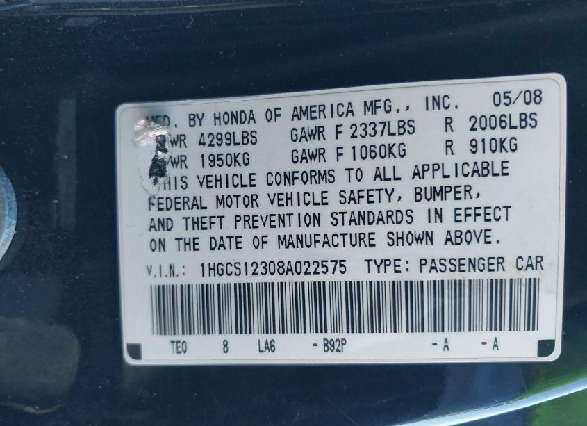Photo 9 of 2008 Honda Accord 2.4 LX-S (VIN 1HGCS12308A022575)