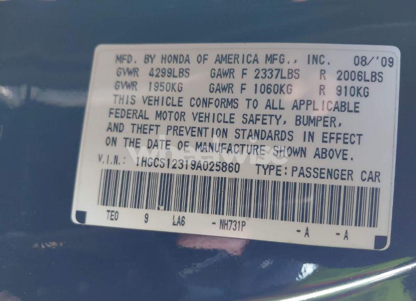 Photo 9 of 2009 Honda Accord 2.4 LX-S (VIN 1HGCS12319A025860)
